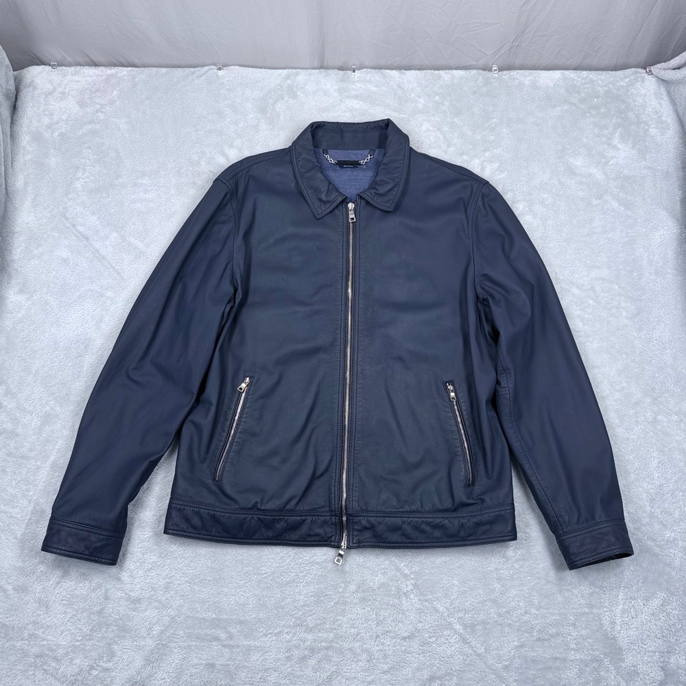 Peter Millar Leather Moto Jacket Mens XL Navy Blue Lambskin Full Zip Bomber